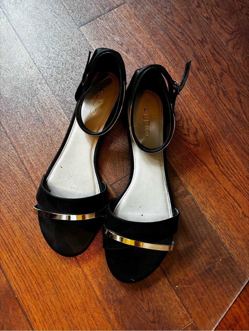 ALDO Black Sandals with Gold Front Accent